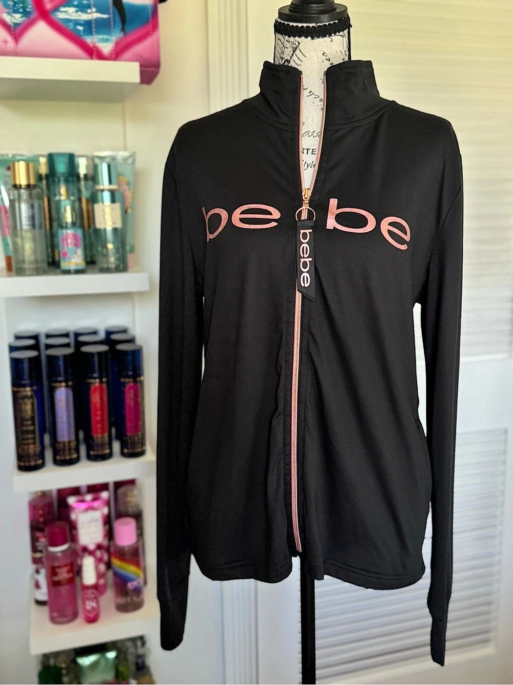 Bebe Black Zip-Up Track Jacket Size L Rose Gold Logo Y2K